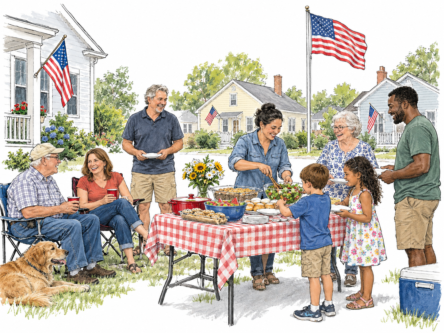 Neighbors of several generations share a meal beneath American flags.