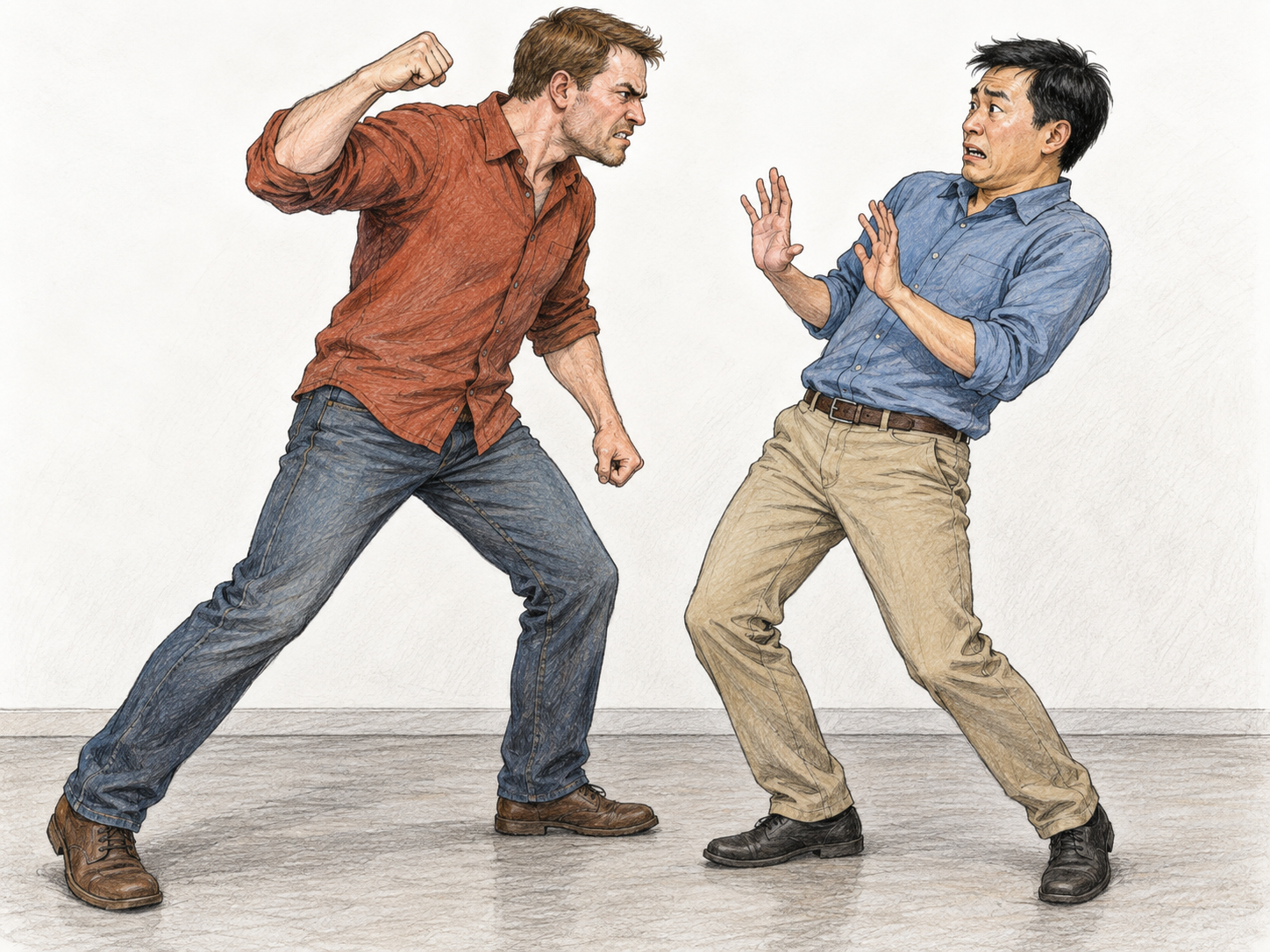 An angry man lunges forward with a raised fist while another man recoils with open defensive hands.