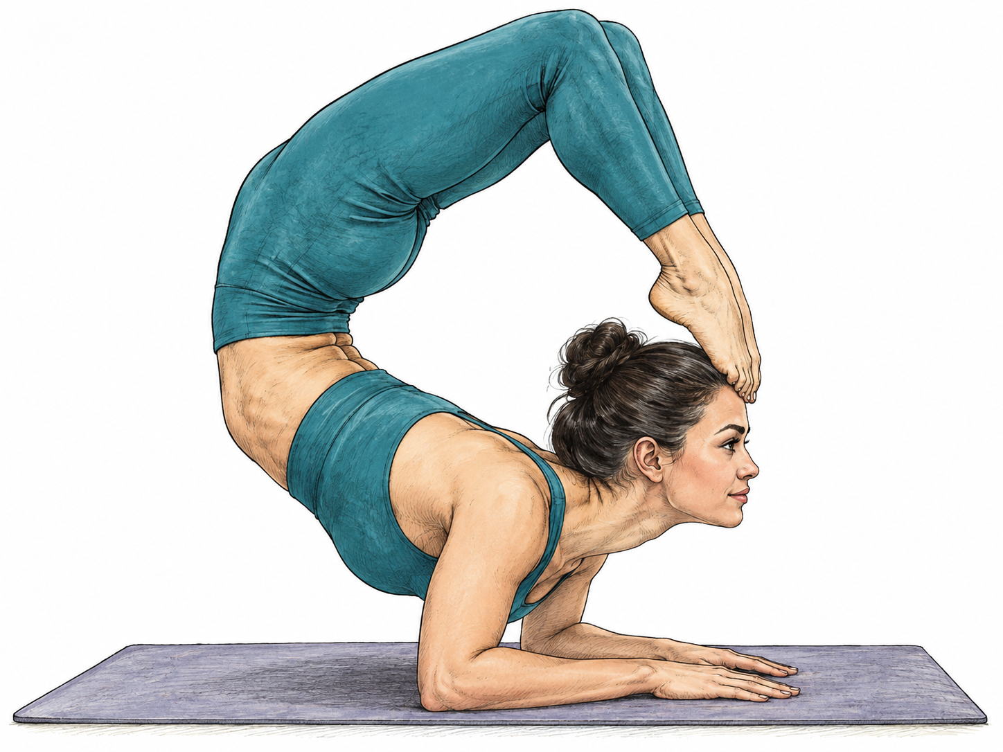A trained adult contortionist on a low mat bends into a deep controlled backbend with legs curled over the shoulders; show anatomically coherent joints and hands supporting weight.
