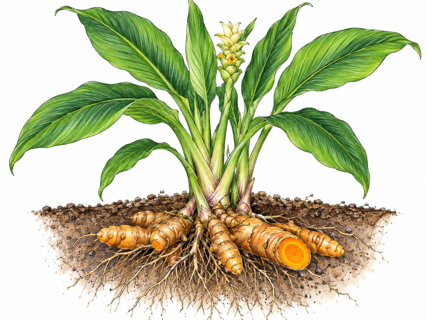 A growing turmeric plant has broad leaves and attached orange-yellow rhizomes exposed below soil.