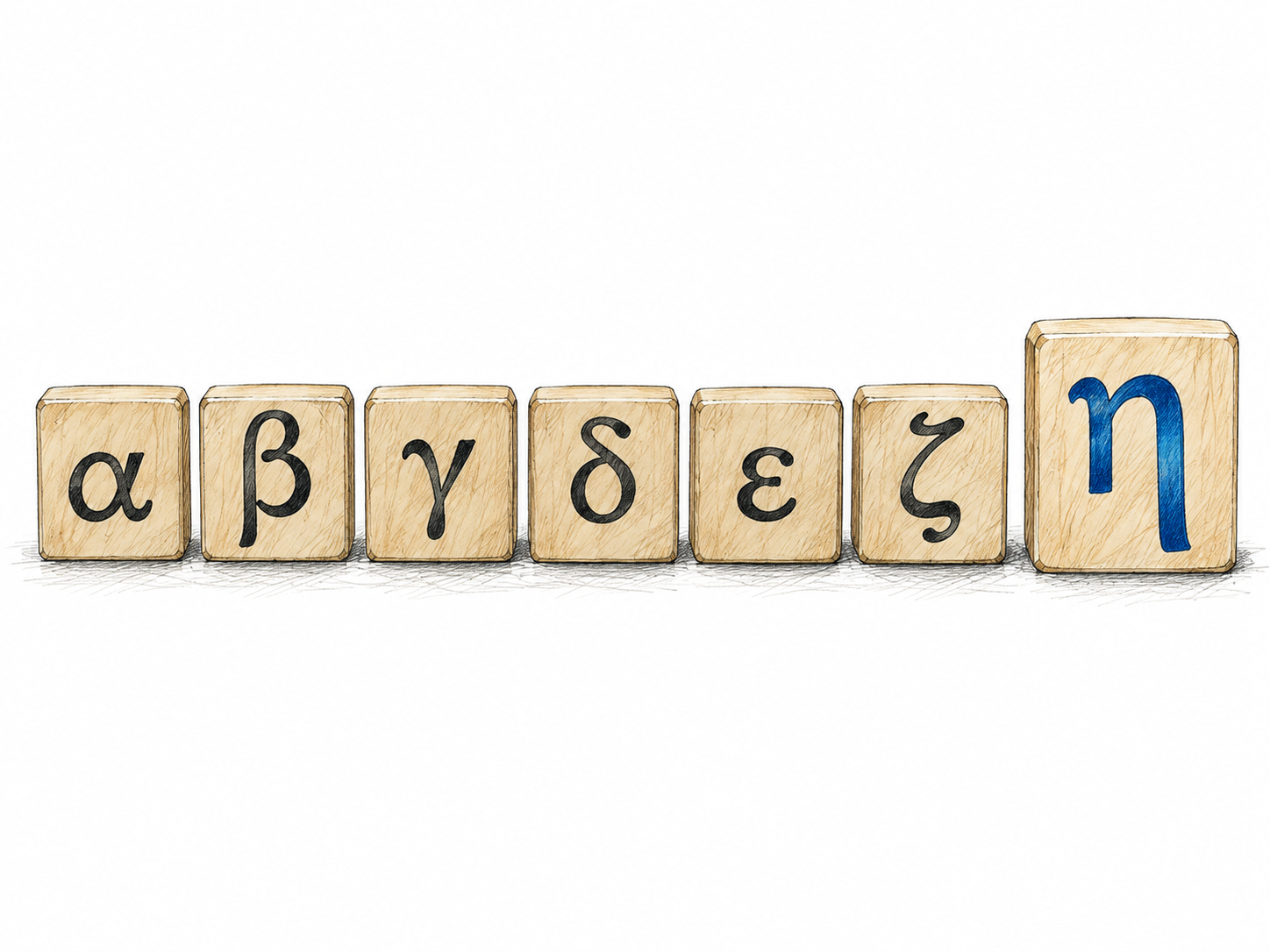 An alphabet learning strip shows only α β γ δ ε ζ η, with the seventh glyph η physically raised and largest through emphasis.