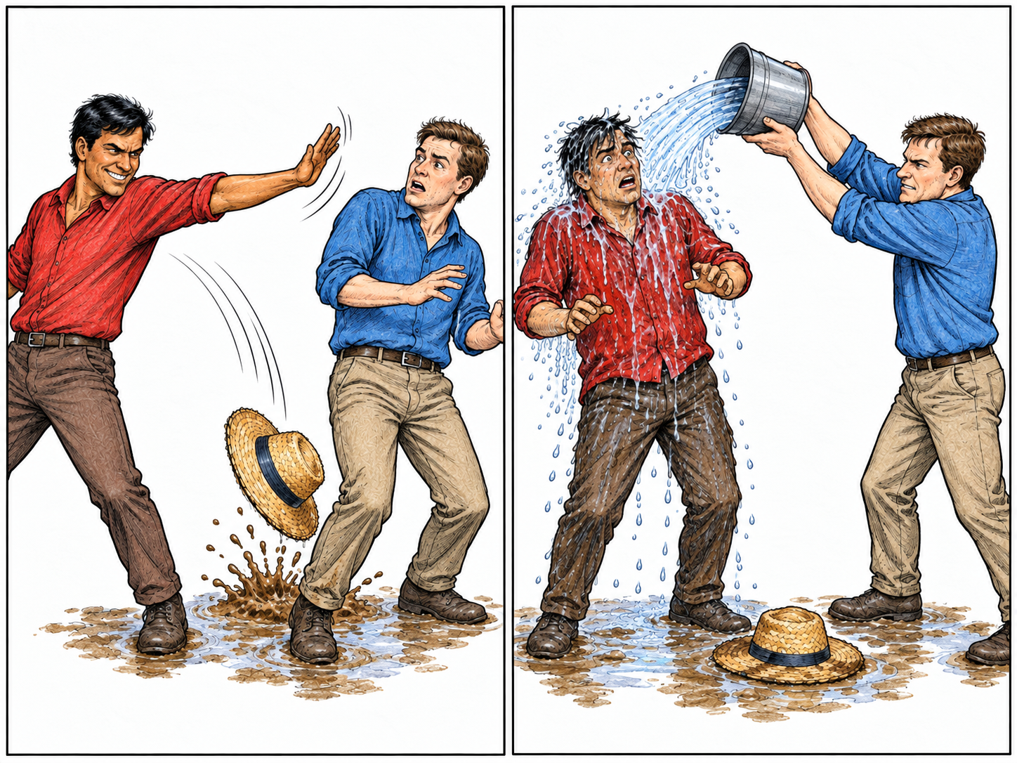Two panels show a red-shirted man knocking a blue-shirted man’s hat into mud, then the blue-shirted man retaliating with a bucket of water.