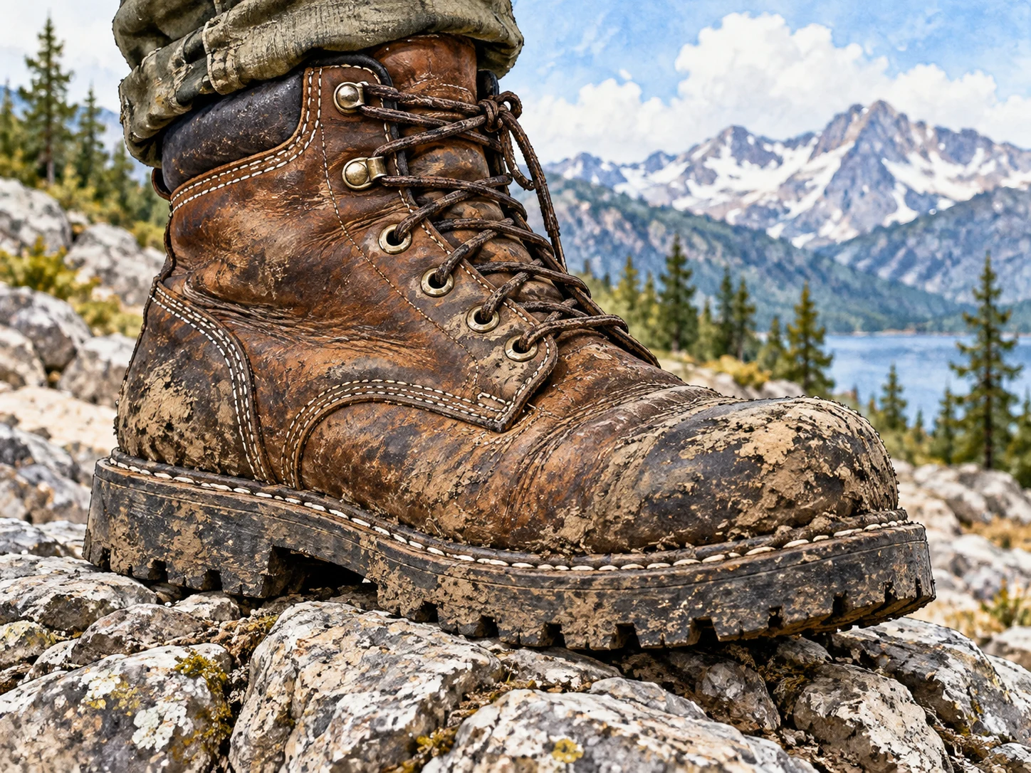 A heavily used leather work boot, scuffed and muddy but with intact stitching and a thick unbroken sole, stands firmly on rough stones.