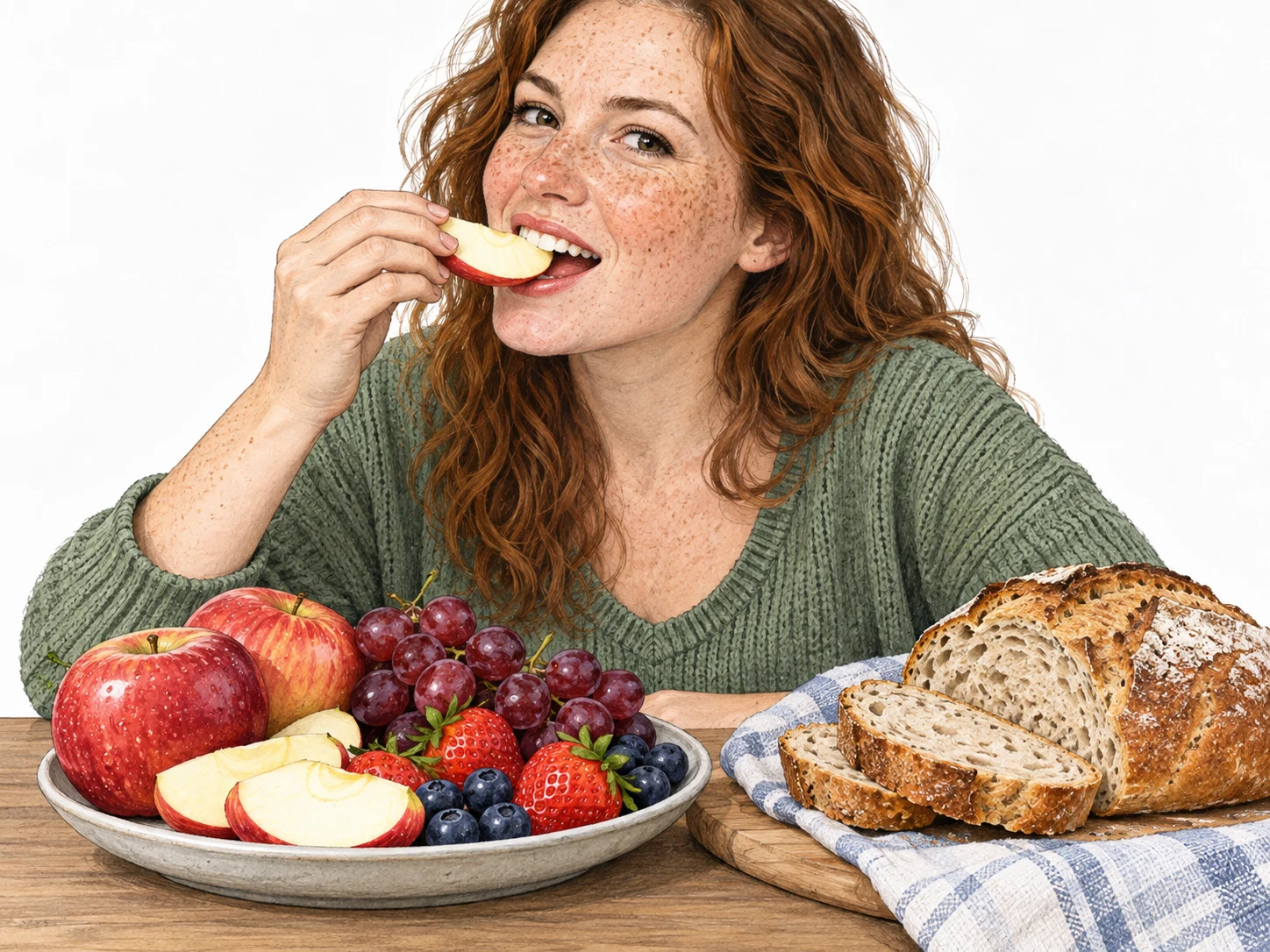 A white adult with freckles takes a bite from a crisp apple slice beside a plate of washed fruit and freshly baked bread. The simple food and relaxed eating action show suitability for eating.