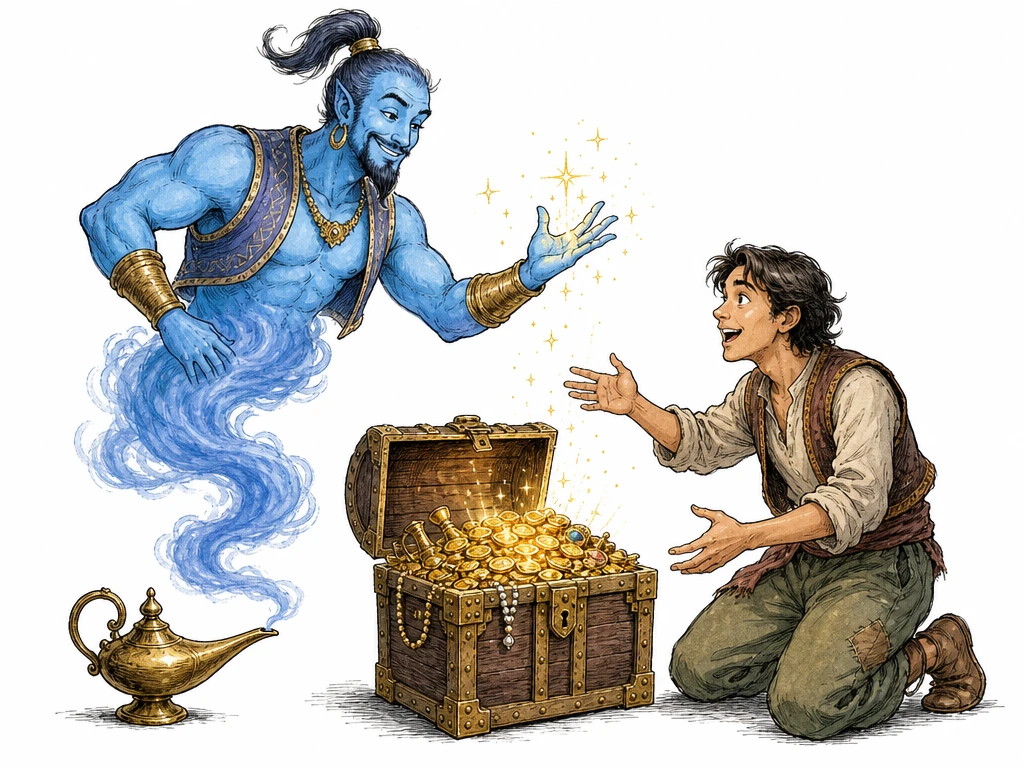 A friendly, translucent blue genie rises from a small brass lamp in a curling smoke tail, conjuring an open chest of gold with a sparkling hand gesture. Beside the lamp, a delighted traveler reaches toward the newly appeared treasure. Plain background, bold silhouettes, and no lettering keep the single scene clear at 340×255.