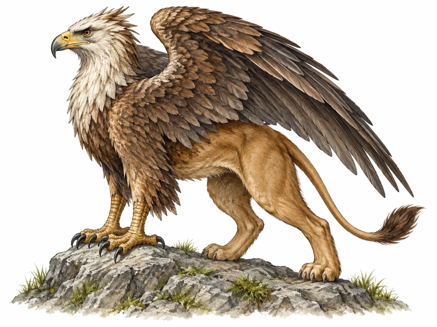 A single griffin stands in profile on a low rock: hooked eagle beak, feathered eagle head and wings, powerful tawny lion body and hind legs, and a long lion tail. Show its complete silhouette.