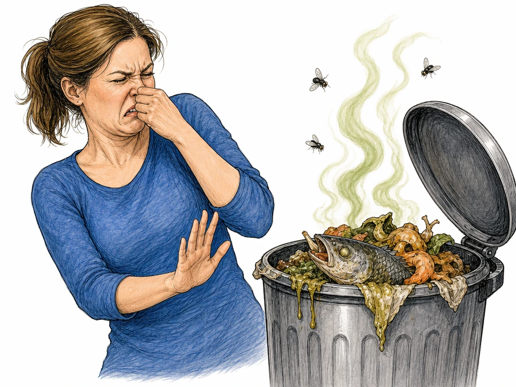 An adult woman in a blue shirt recoils from an open kitchen trash can, pinching her nose with her face tightly scrunched in disgust. A rotten fish and slimy food scraps protrude from the bin, with three flies and thick green stink wisps above them. Plain background, bold expressions, and no lettering.
