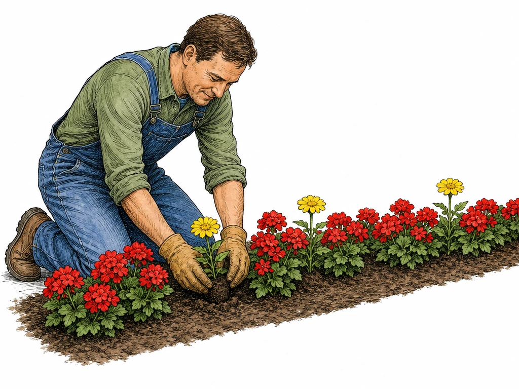 An adult gardener kneels beside one narrow flower bed filled with red flowers, planting a yellow flower in a gap. Two other yellow flowers already stand at separated intervals among the red flowers, with several red blooms between each yellow one. Simple background, bold flower colors, no lettering.
