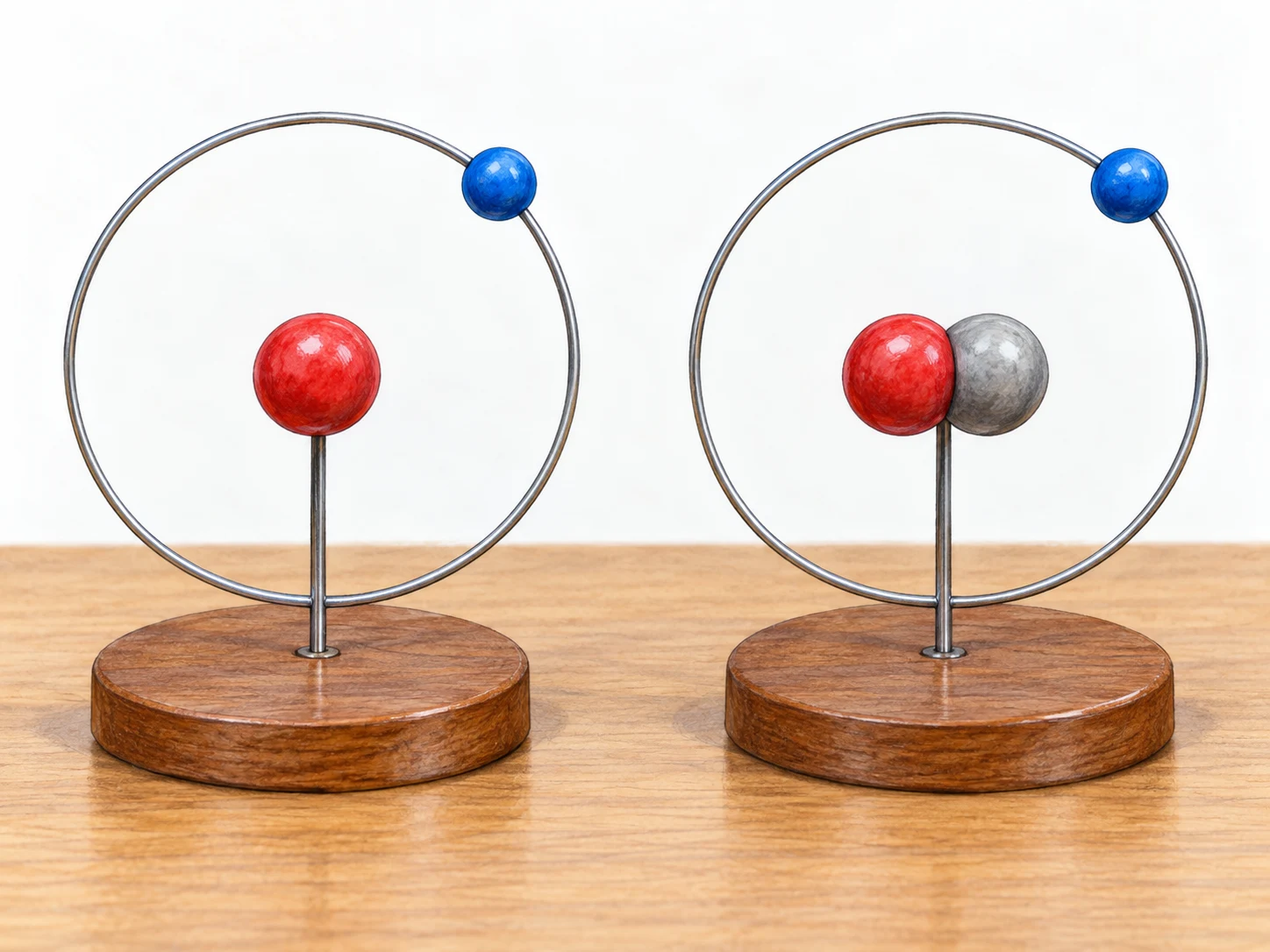 Two physical teaching models of hydrogen atoms sit side by side on a classroom table. Each has exactly one red proton and one orbiting blue electron. The right nucleus additionally contains exactly one gray neutron; the left has no neutron. No other spheres, symbols, or text.