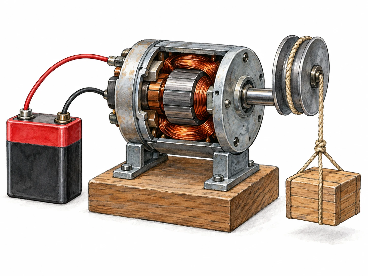 A small electric motor connected by two wires to a battery turns a shaft and pulley that lifts a little wooden load. The motor is the central subject; its copper windings are visible.