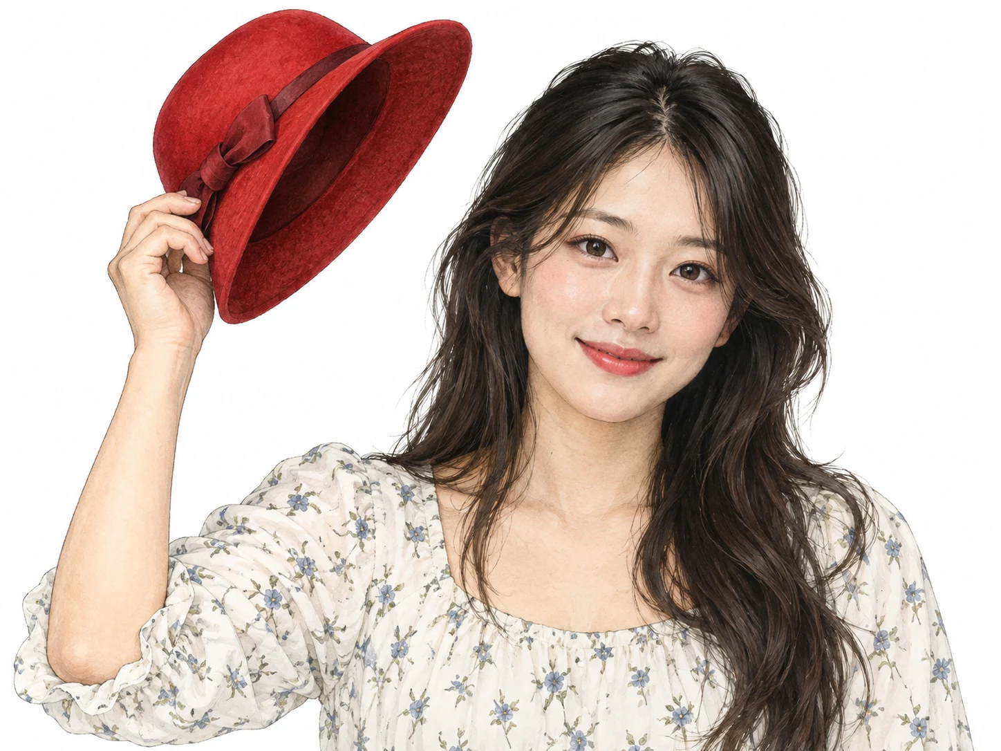 An East Asian woman lifts a red hat completely off her head, holding it to the side with a clear gap between hat and head.