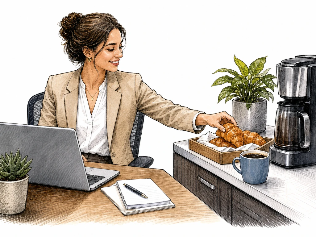 Text-free editorial-ink illustration of a smiling office employee seated at a desk with an open laptop, reaching naturally toward a nearby workplace refreshment counter for a complimentary croissant. Beside the small pastry tray, prominently show a ceramic mug with a visible handle and dark coffee surface clearly visible inside its open rim, making it unmistakably filled. Include a coffee machine behind the tray. The workplace breakfast reads as an extra benefit of the job. Preserve readable anatomy, natural inkwork, and a simple, uncluttered office composition with no lettering.