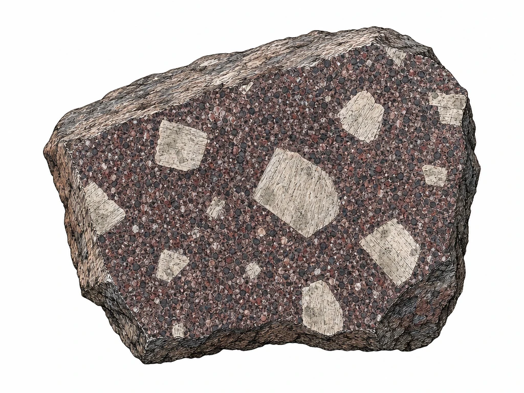 Close-up of one chunky porphyry rock on a plain background. Its broad exposed face shows several large, pale, angular crystals embedded throughout a dark reddish-gray, finely speckled matrix. Rough, jagged outer edges suggest hard stone; emphasize the strong contrast between the large crystals and tiny surrounding grains. No lettering or extra props.