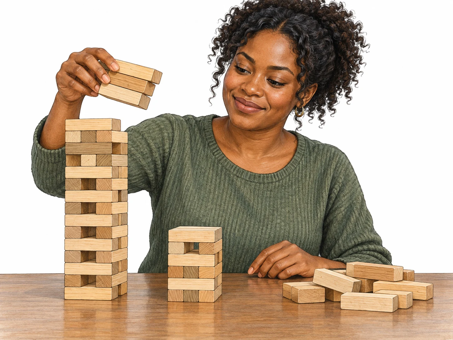 A Black woman removes several wooden blocks from a tall stack, leaving a visibly smaller stack on the table beside the removed blocks.