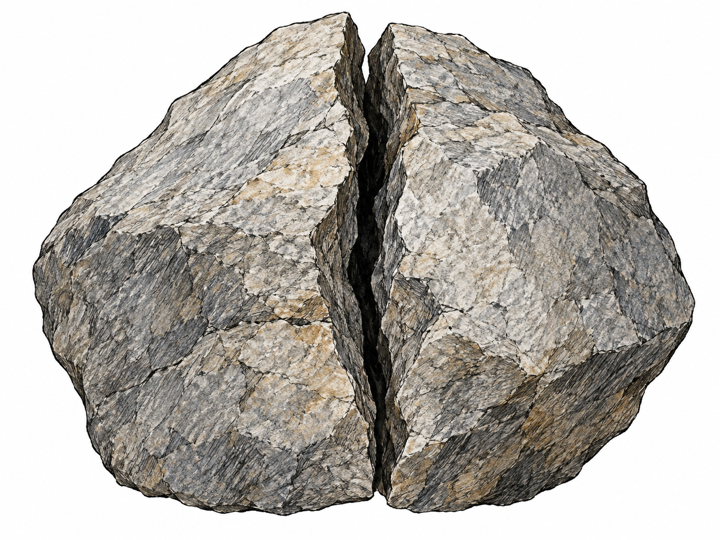 Two joined faces of one rough gray rock separated by narrow deep fissure, visible dark split runs vertically through stone; only rock on white with selective hatching, no plants or scenery.