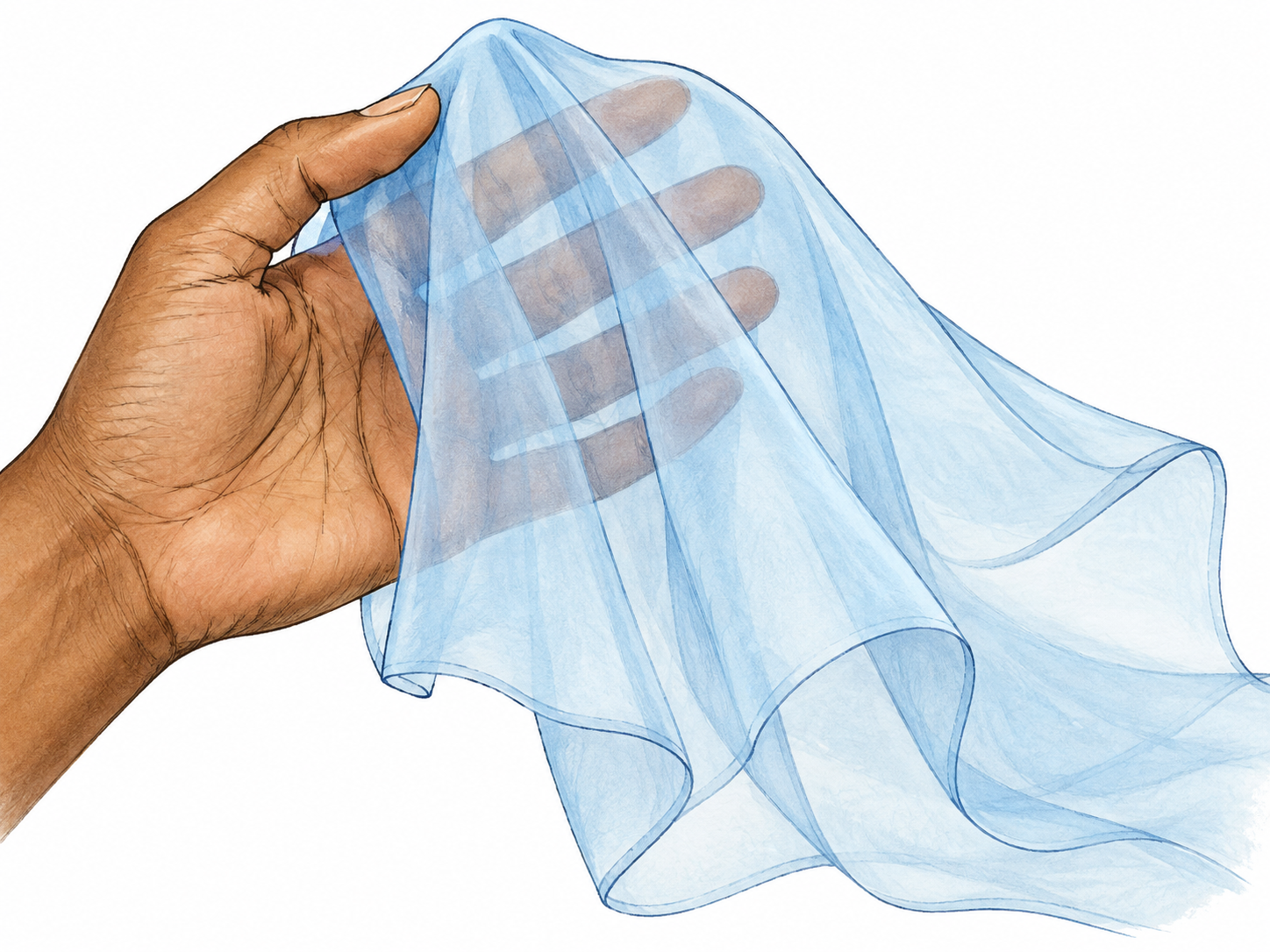 A drape of pale blue sheer voile cloth held over a hand whose fingers remain visible through fabric; airy thin folds and translucent edges, no woven microtexture, no garment distractions.