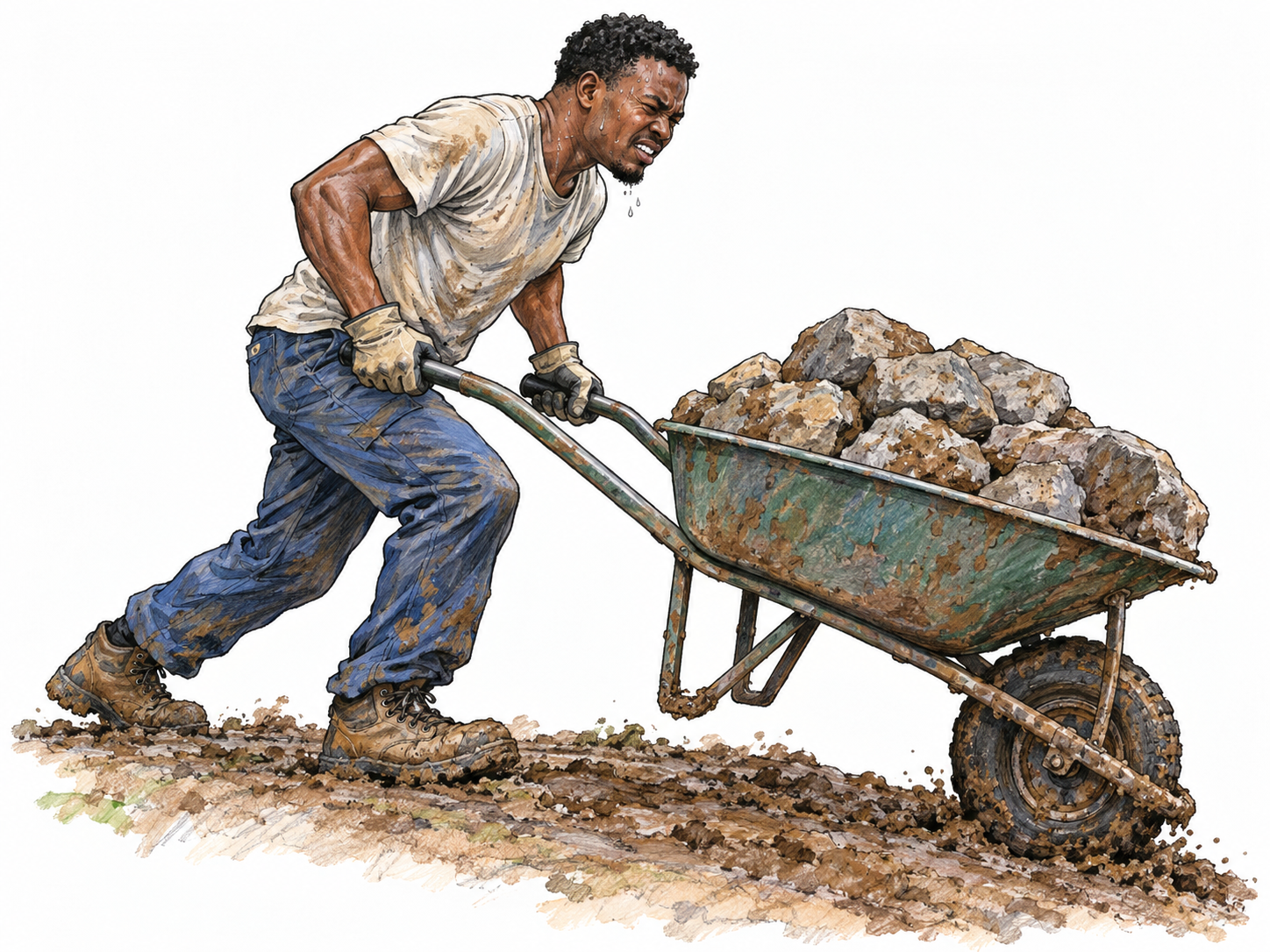An exhausted worker struggles to push a heavily loaded wheelbarrow up a short muddy incline.