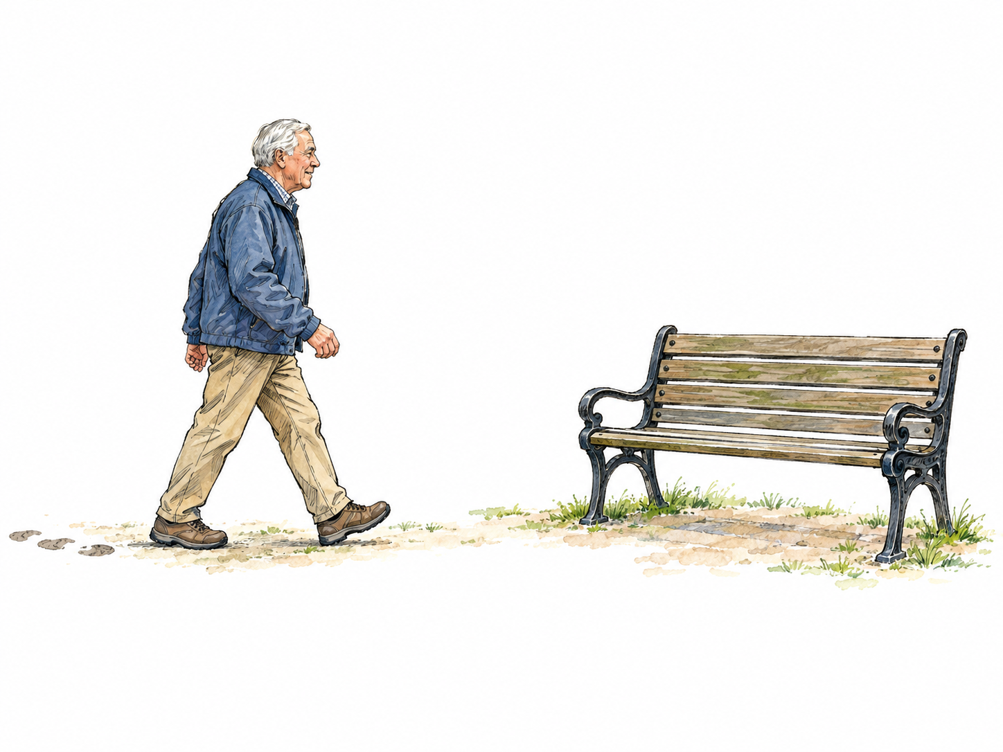 An older man walks towards an isolated park bench, shown mid-stride with his body and feet directed at the bench and a clear gap remaining before he reaches it.