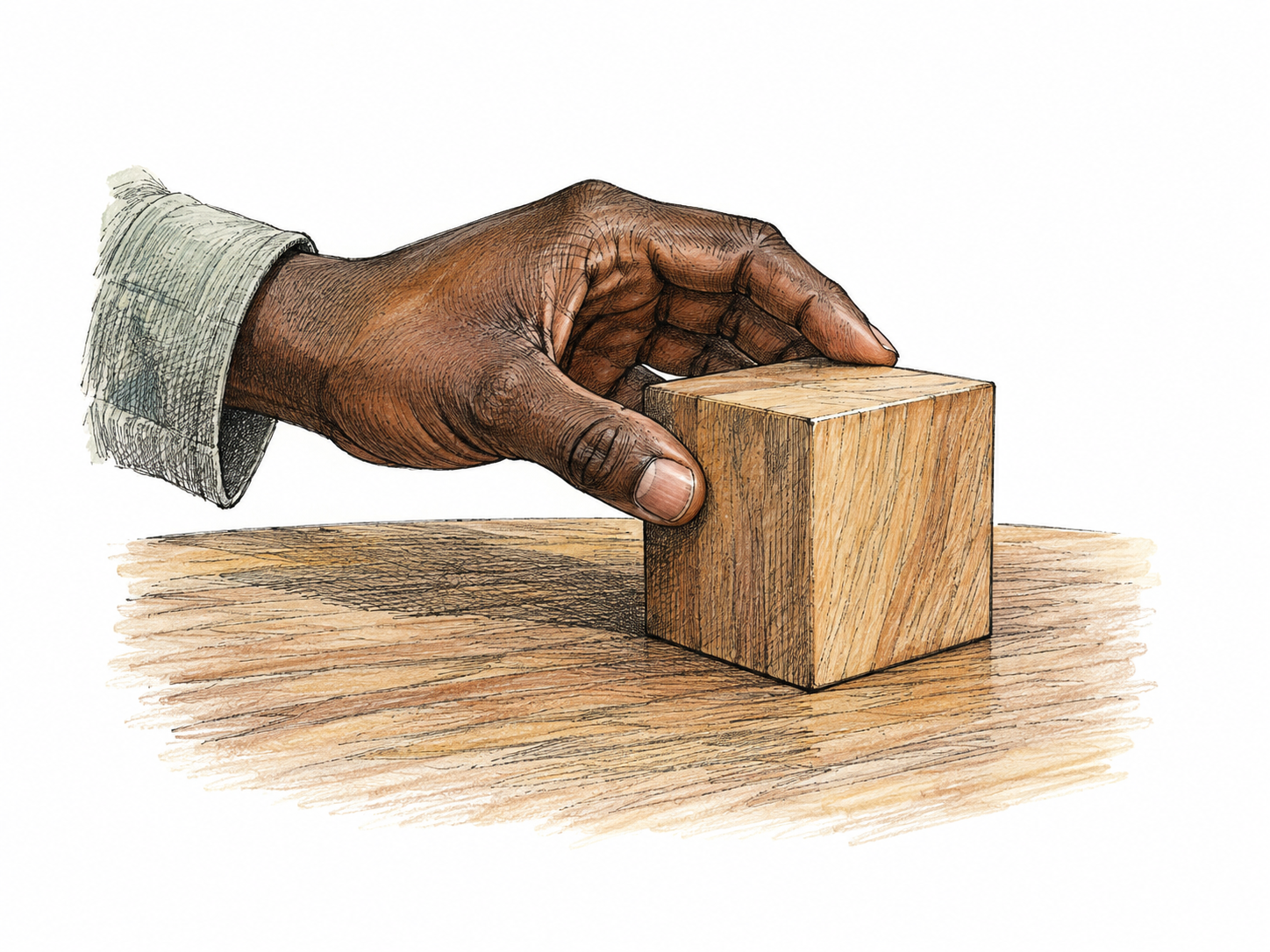 A hand touches a solid wooden cube sitting on a tabletop, palpable physical object with visible edges and grain simplified into drawn marks.