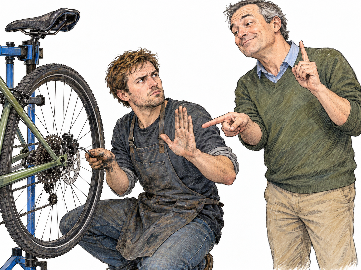 An idle, smug onlooker lectures a visibly competent bicycle mechanic, intruding into the repair with an emphatic pointing finger.