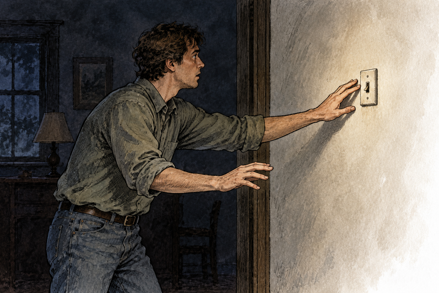 A person in a dim room carefully feels along a wall with outstretched hands seeking a light switch, uncertain blind search.