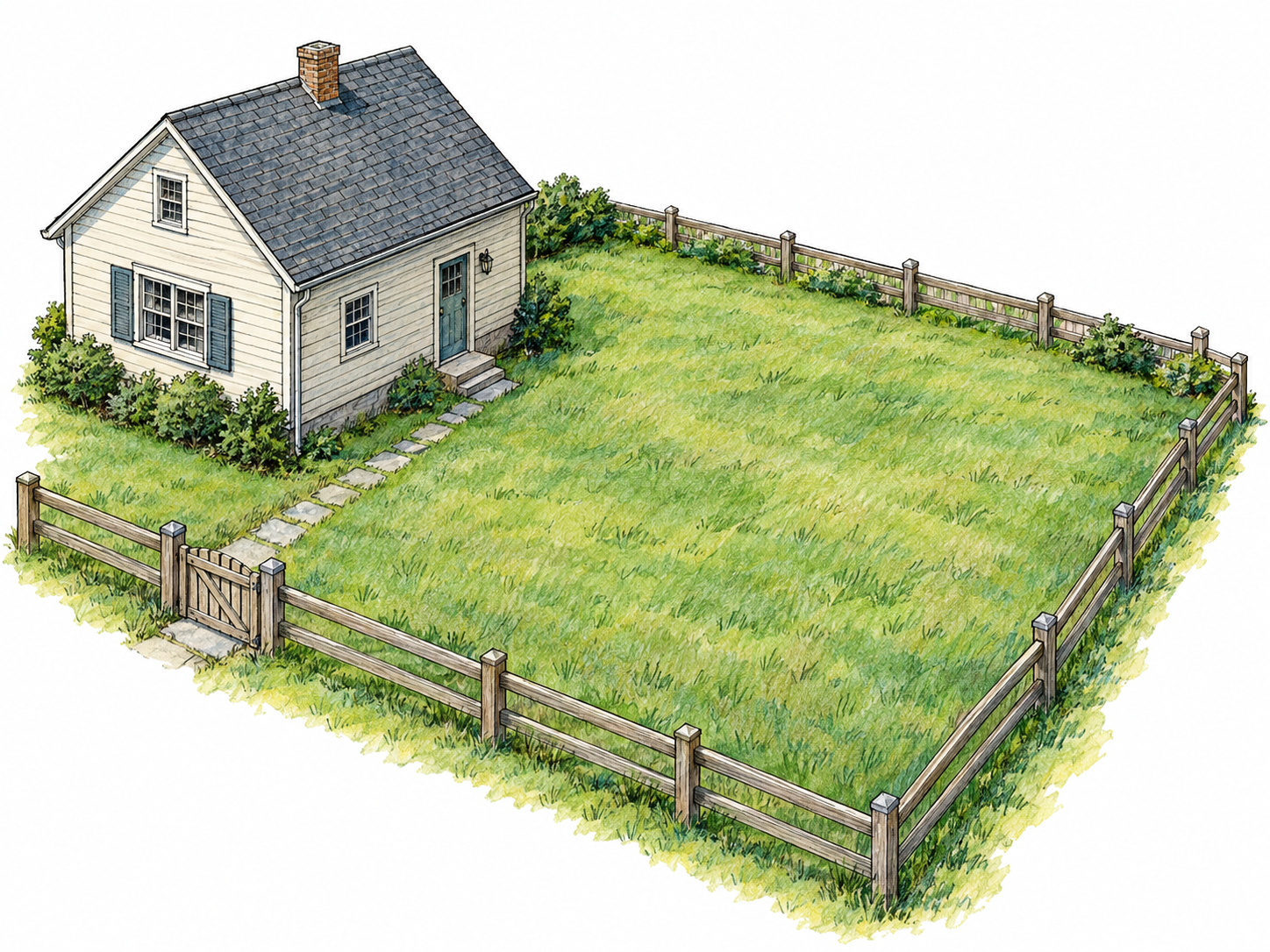 A modest house with a clearly bounded open yard extending beside and behind it.