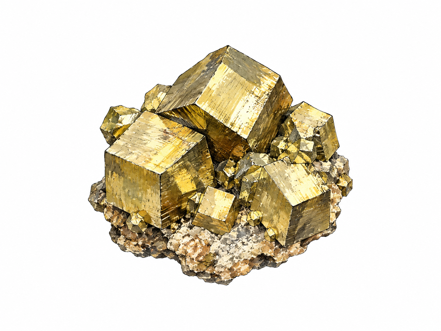 Brassy yellow cubic pyrite crystal cluster with visible geometric faces and dark ink edges.