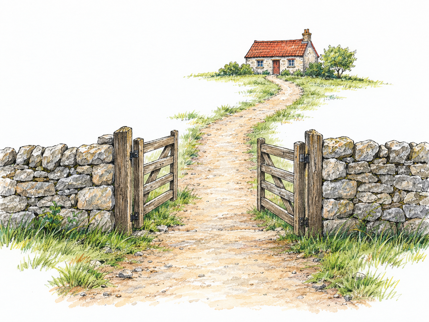 A path leads from the foreground through an open gate in a low stone wall, then continues across a clear stretch of ground to a small red-roofed cottage well beyond the gate.