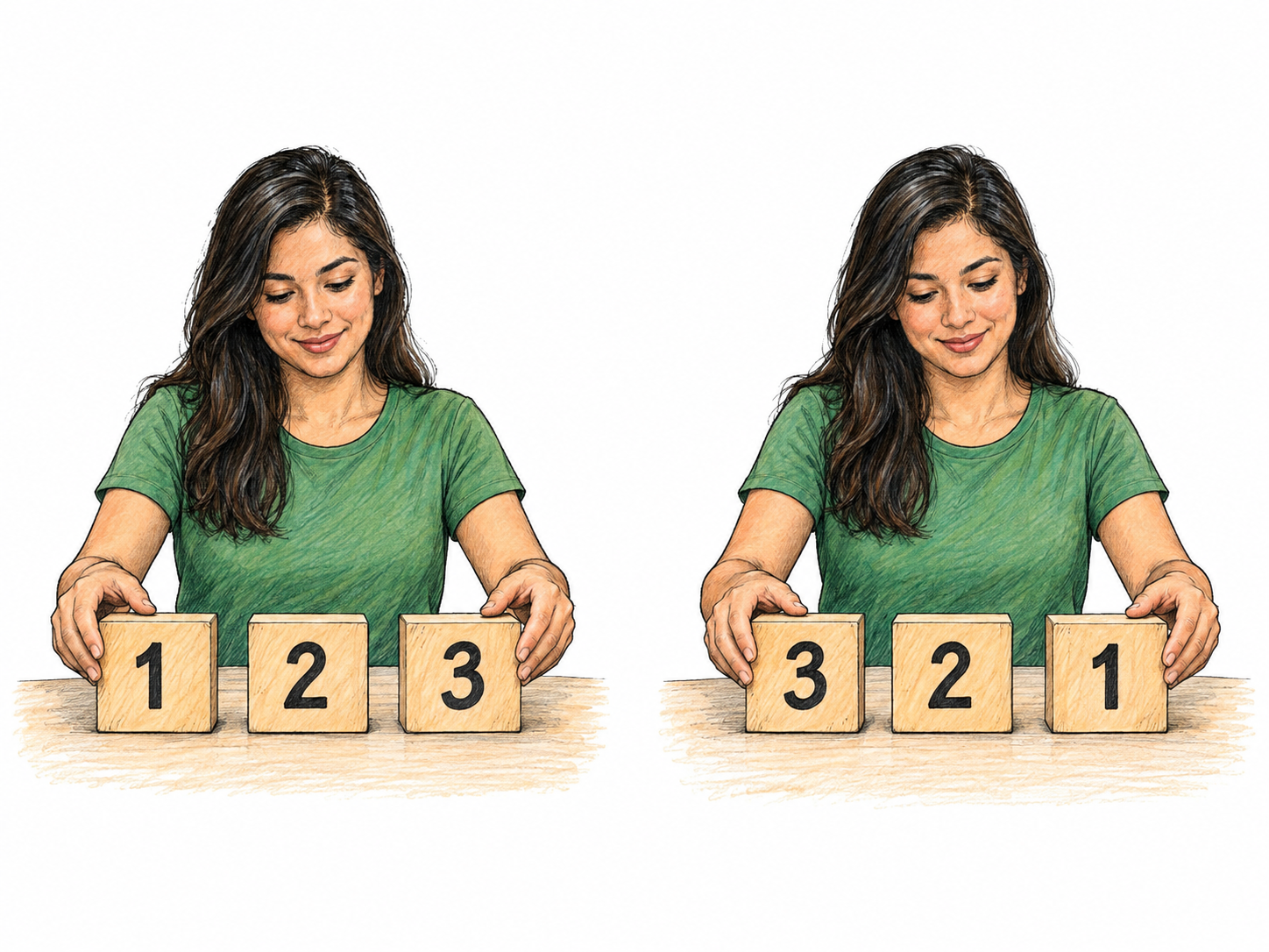 Two successive views of a woman reversing the order of three numbered tiles: initially 1–2–3, then 3–2–1.