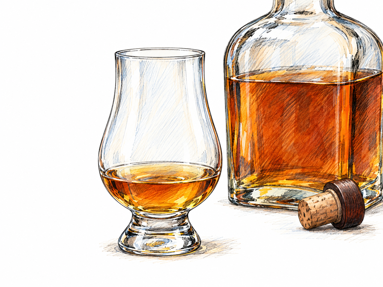 A small serving of amber whiskey in a clear tasting glass, with an uncapped whiskey bottle behind it establishing the liquor context.
