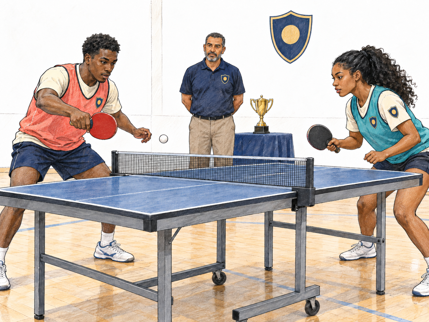 An internal college table-tennis match: opposing students wear contrasting team bibs over the same institutional uniform, with their shared shield repeated on the supervising official and gym wall.