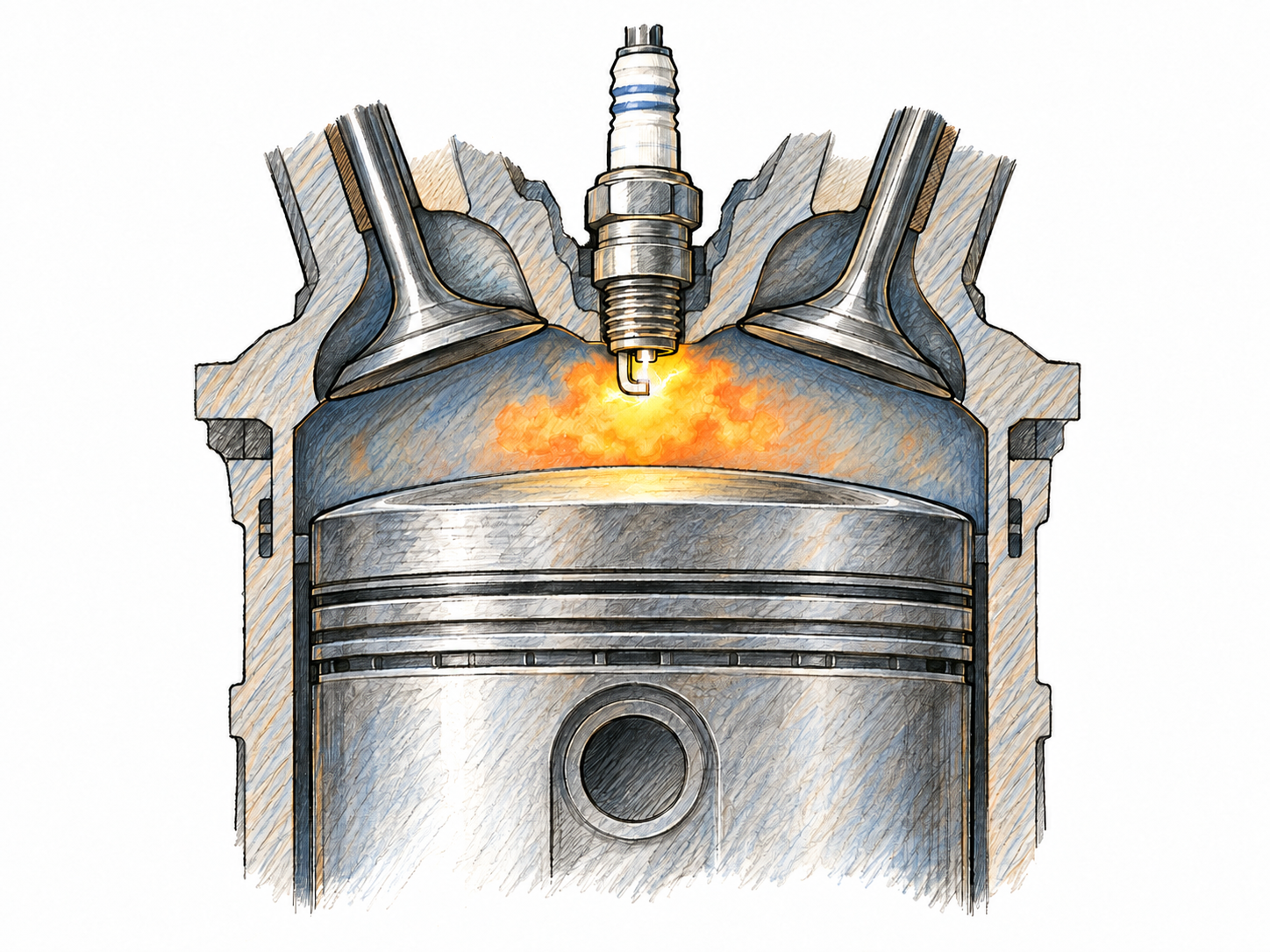 A close-up cutaway of a gasoline engine cylinder at ignition: a spark jumps the spark plug gap and a small flame begins spreading into the compressed mixture above the piston.