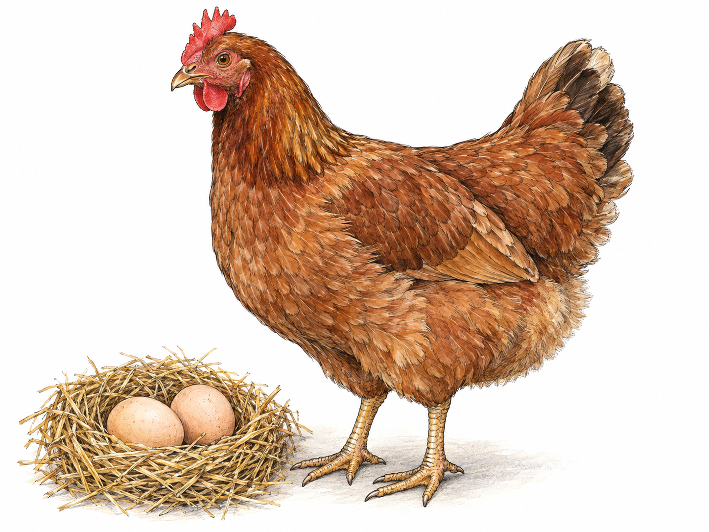 A single adult hen standing beside a shallow straw nest containing eggs, with a rounded body, modest comb and wattles, and short tail feathers clearly distinguishing her from a rooster.