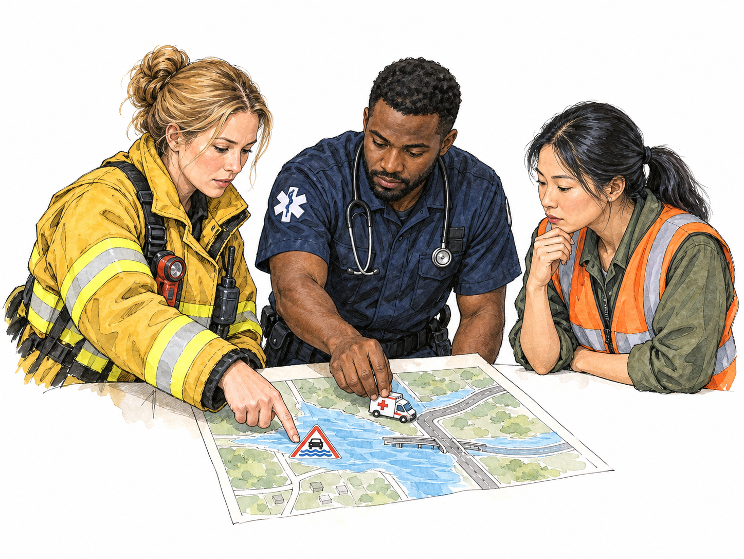 Two public-service teams coordinate a flood rescue around one small unlettered route map: a firefighter points to a flooded road pictogram while a medical responder positions a miniature ambulance marker and a municipal worker listens.