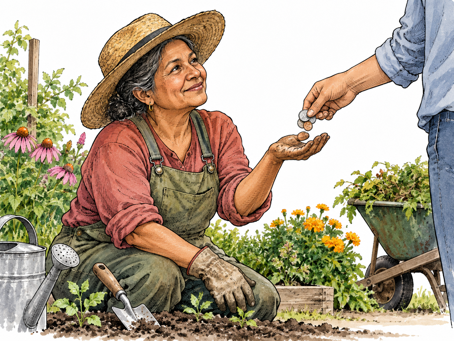 Older Latina gardener receives coins for careful garden work.