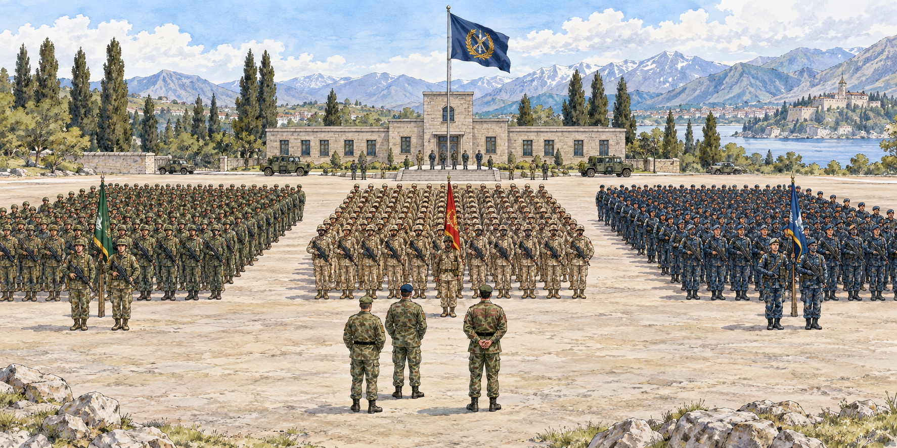 Military brigade assembled on parade ground as three distinct large battalion formations beneath shared headquarters flag, wide organized overview, accurate uniforms and clear scale, no text or combat.