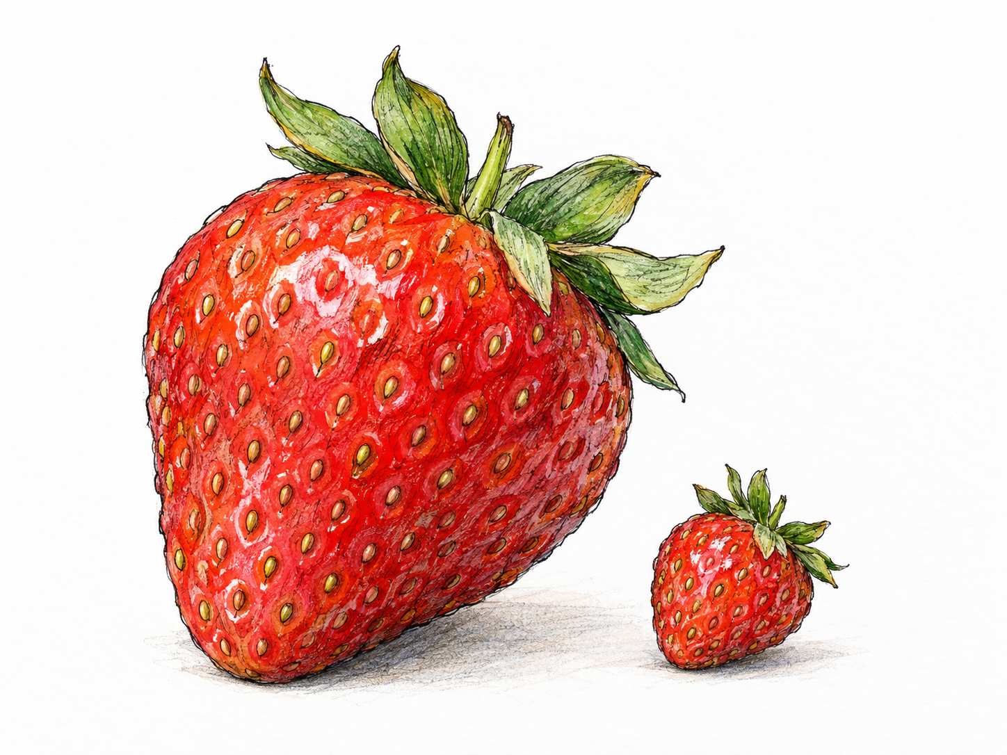 A teeny ripe strawberry beside an ordinary full-sized strawberry, with both resting on the same surface so the dramatic size difference is immediately visible.