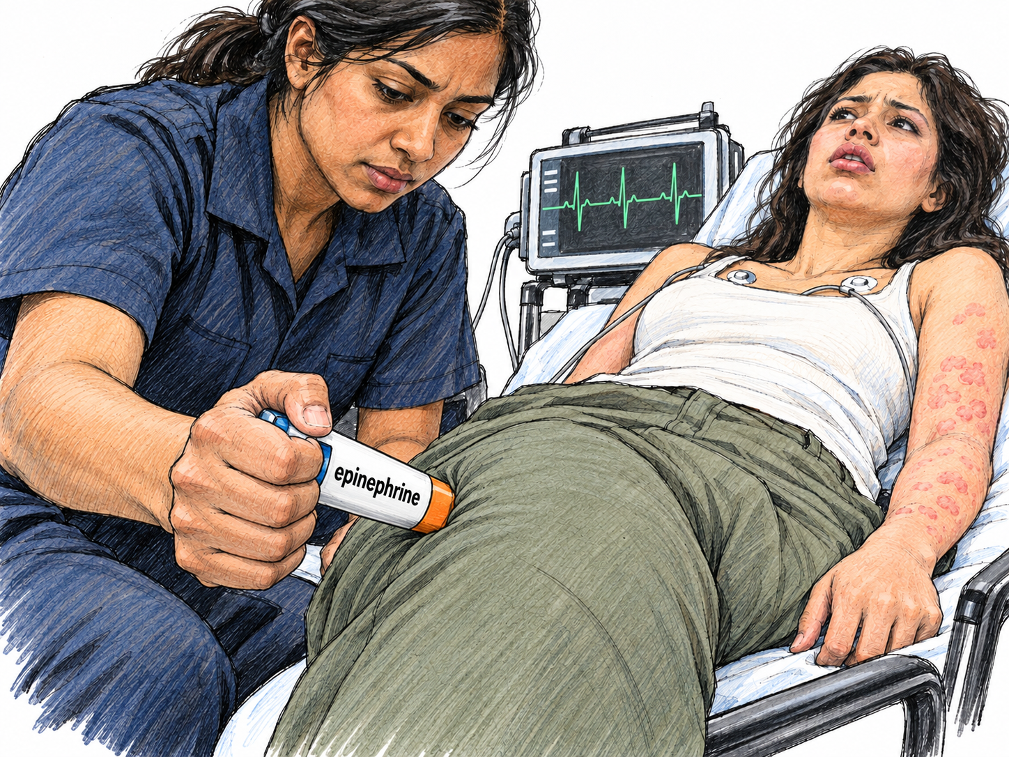 A tightly framed, foot-end view of emergency epinephrine treatment makes the actual injector-to-outer-thigh contact the dominant shape.