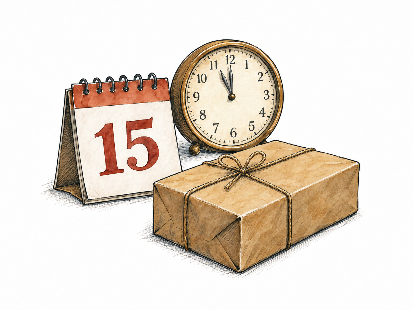 Calendar page marked ONLY15 beside analog clock nearing noon and a parcel ready for handover, required-time due cue.