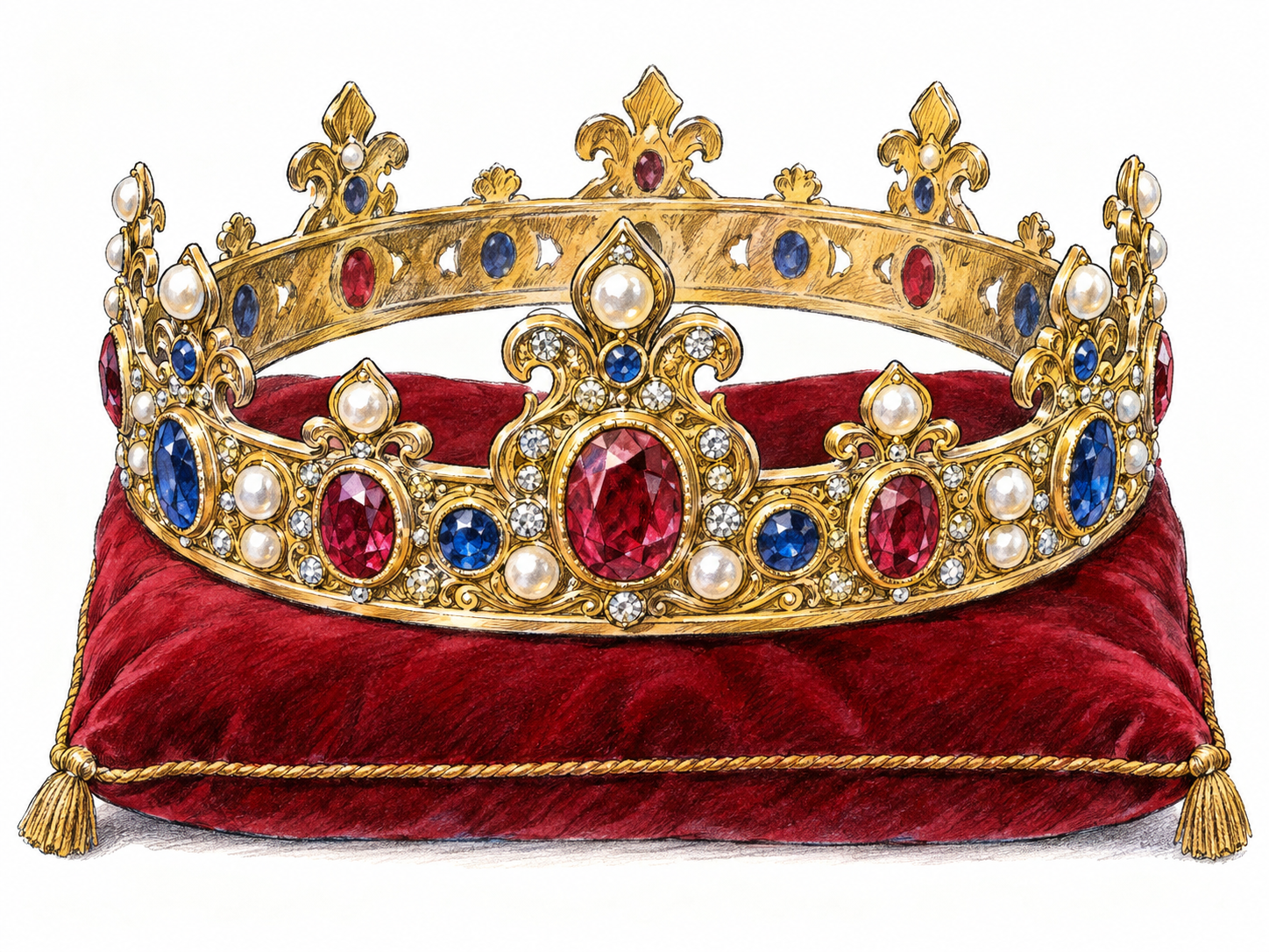 A jeweled royal diadem displayed alone on a small deep-red velvet cushion, with its complete circular gold band and raised gemstone settings clearly visible.