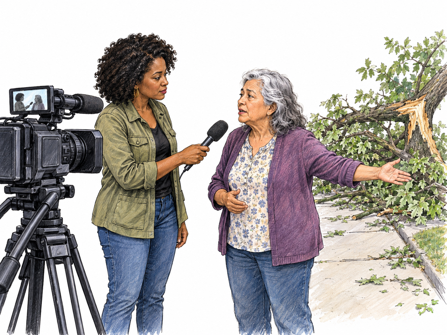 A field journalist interviews a resident beside a visibly storm-damaged tree while a tripod-mounted news camera records them, making both news gathering and reporting concrete.