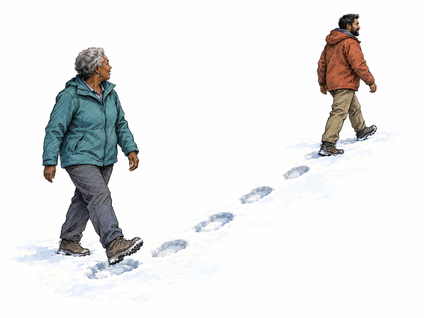 A woman follows closely in a man's fresh footprints across a small patch of snow, watching him and deliberately taking the same winding route.