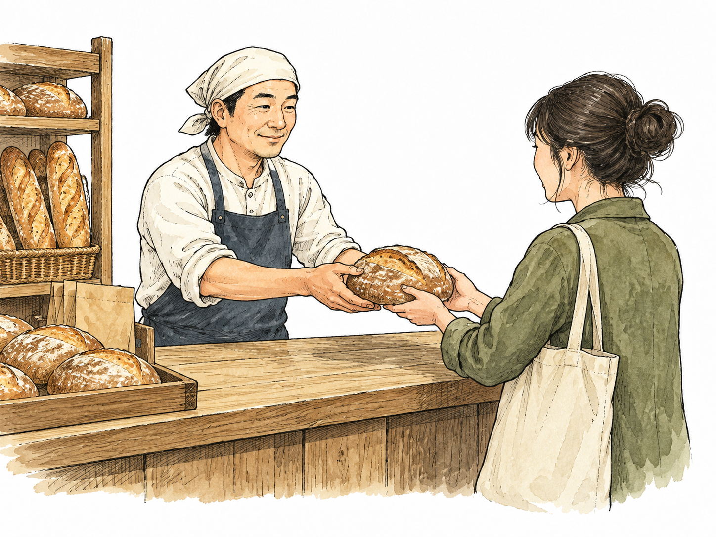 An East Asian shopkeeper sells a single loaf directly to a customer across a bakery counter.