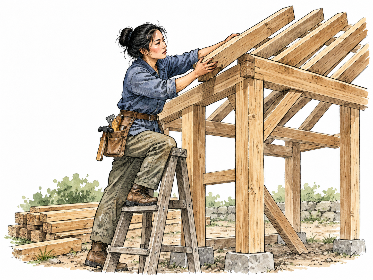 East Asian woman builder fits roof rafters onto a small wooden structure.