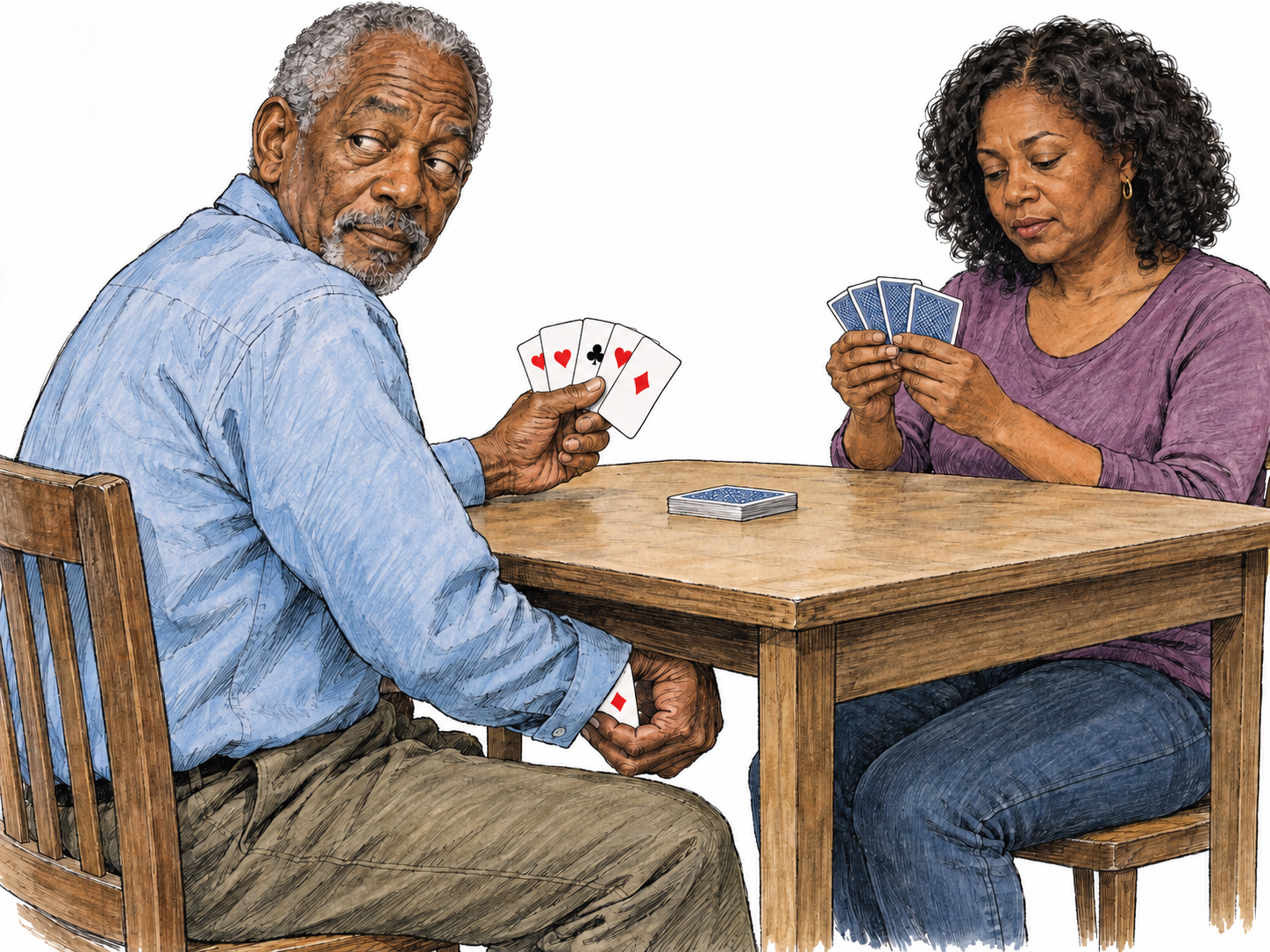 A card player secretly slips a concealed playing card from his sleeve beneath the table while his opponent studies her hand above it.