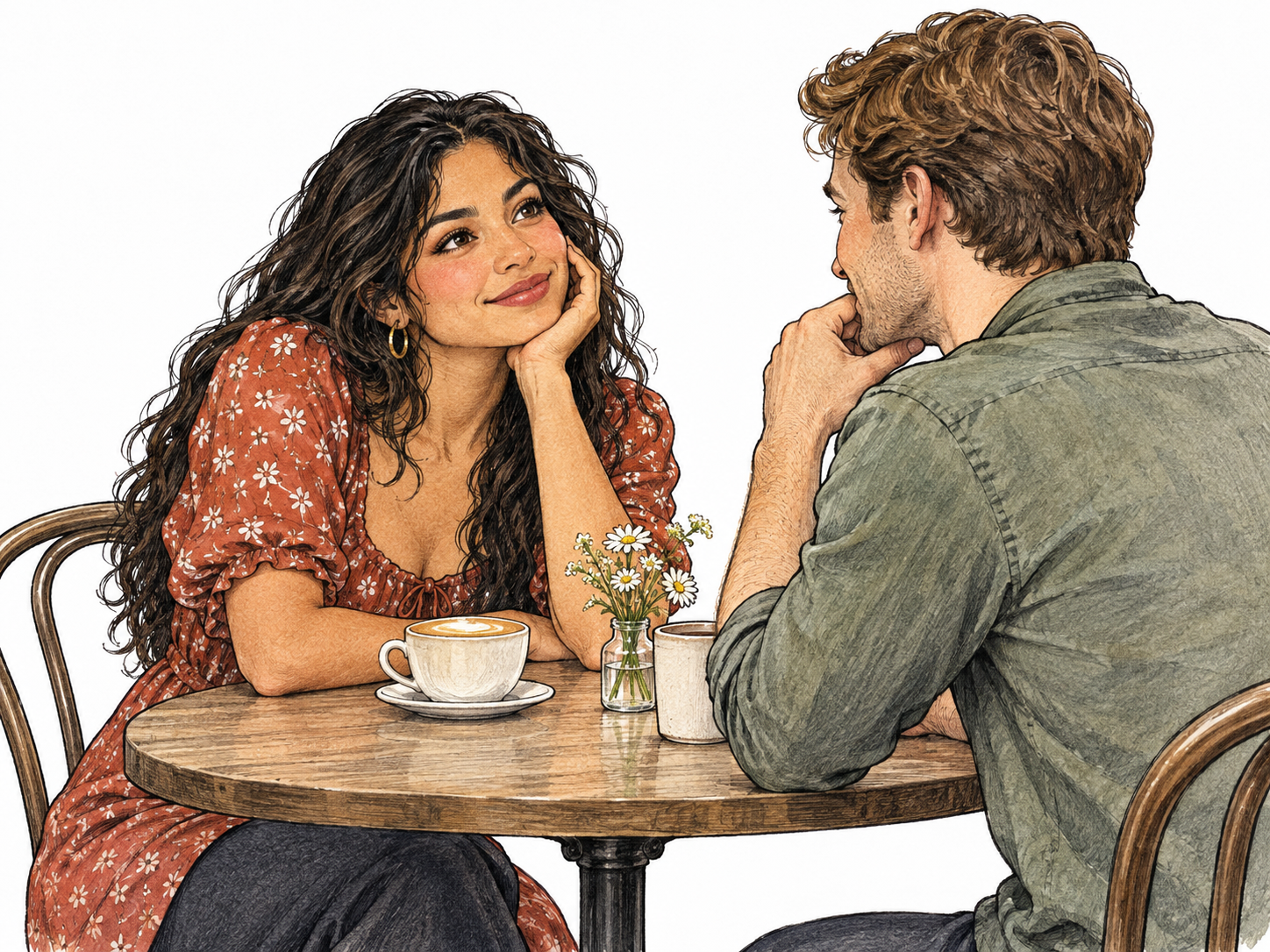 An adult gazes dreamily at a newly met adult across a cafe table, intense romantic fascination and distracted untouched drink, no hearts or text.