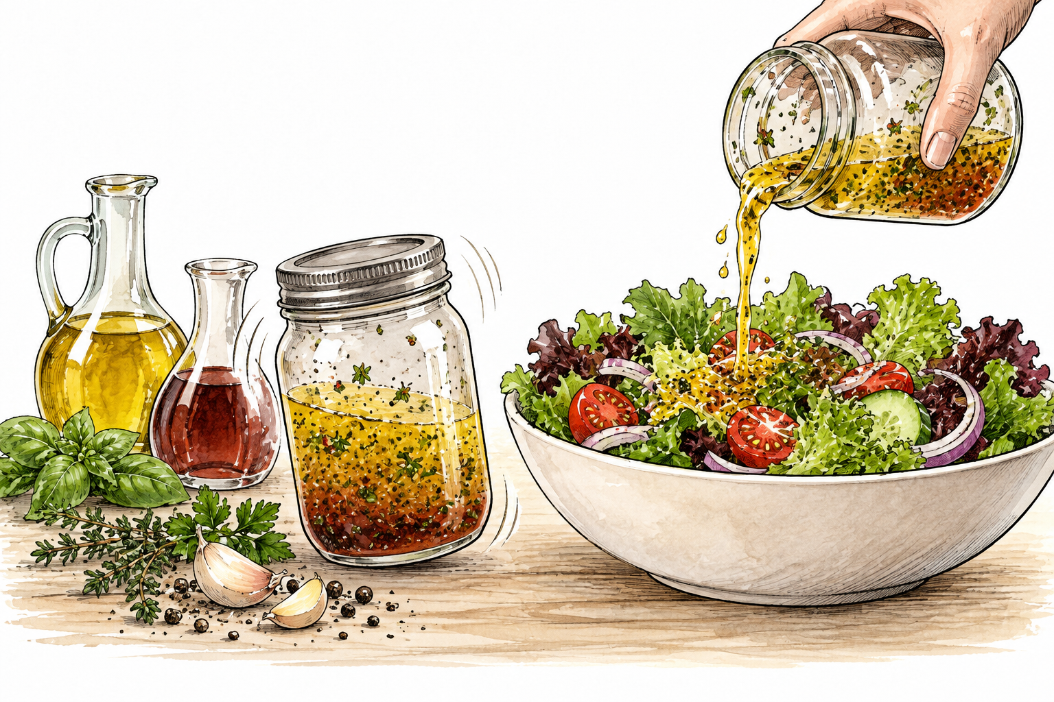 Oil and vinegar shaken together with herbs in clear jar beside salad, dressing poured onto leaves, no bottle labels.