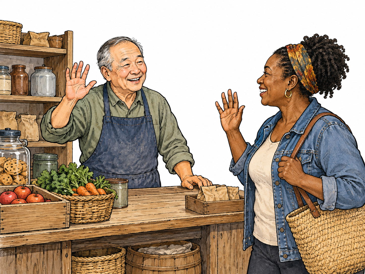A round-faced East Asian older shopkeeper beams and greets a neighbor with a cheerful friendly wave, plain modest shop without signs or labels.