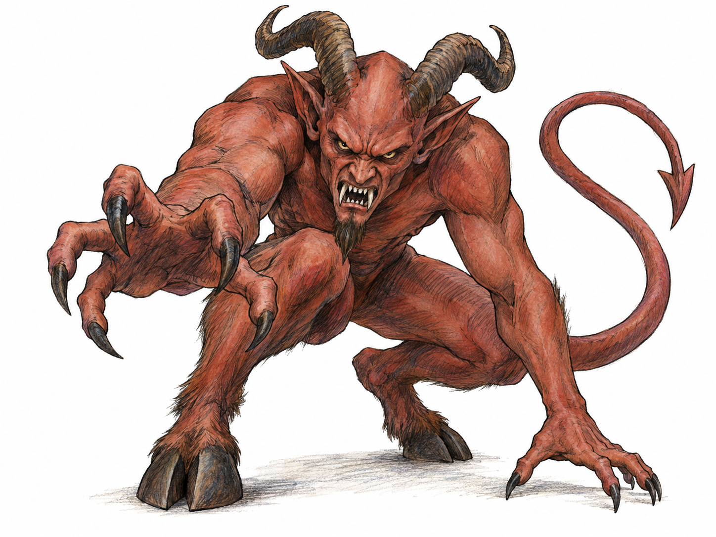 A menacing horned demon crouches forward with bared fangs and reaching claws, illustrating the literal demon sense of “fiend.”.