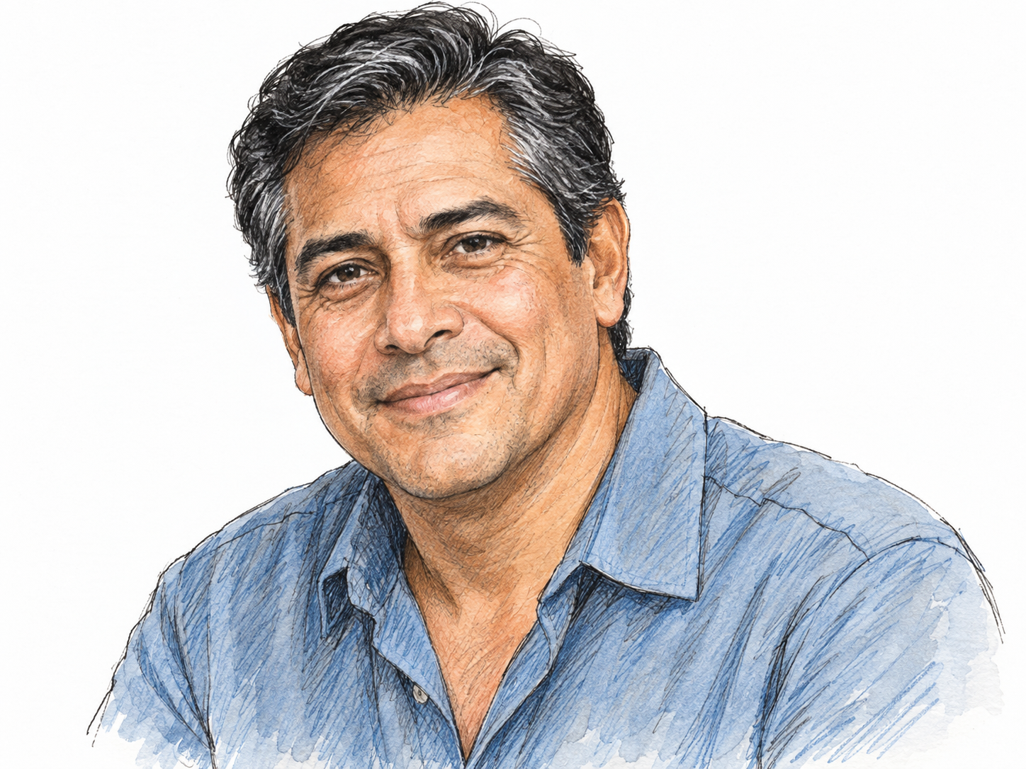 A simple waist-up portrait of a pleasantly handsome middle-aged man, with balanced natural features, neatly groomed hair, and an easy, welcoming smile.